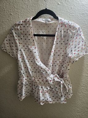 Madewell White Wrap Top with Multicolor Dot Embroidery